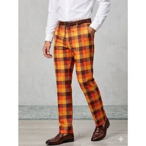 Shinesty That 70s Pant Thanksgiving Plaid Suit Pants Orange Brown 34x33 VTG